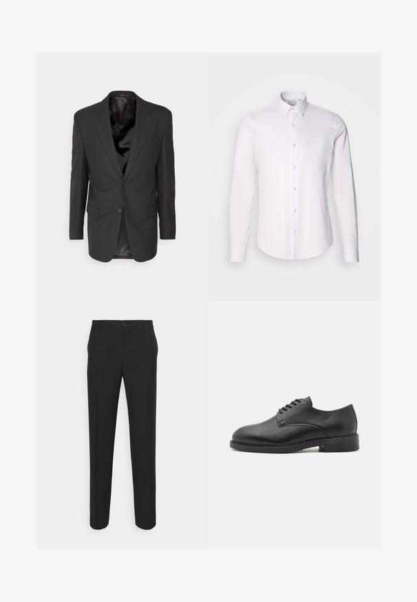 Filippa K CLASSIC - Jakkesæt blazere - black; Hvid langærmet skjorte lavet af glat stof med skjortekrave, der har fuld knaplukning og afrundet nederste kant.; Sorte skræddersyede bukser med lige snit, der har en enkelt knaplukning og bæltestropper. Glat, mat stof uden mønstre.; Sort læder oxford sko med en rund tå, der har en glat overflade, fem huller til snørebånd og en lav stablet hæl.
