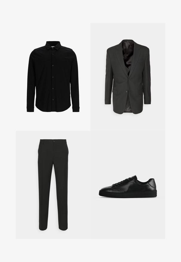 Filippa K CLASSIC - Jakkesæt blazere - black; Sort langærmet skjorte lavet af glat stof, med knaplukning foran, krave og en diskret broderet logo på brystet.; Sorte skræddersyede bukser med lige snit, der har en enkelt knaplukning og bæltestropper. Glat, mat stof uden mønstre.; Svært lavprofileret sort lædersneaker med snørebånd foran og tekstureret flad sål, vist fra siden på en neutral baggrund.