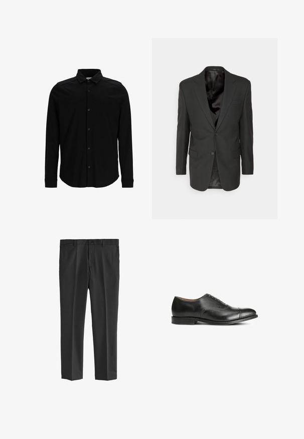 Filippa K CLASSIC - Colbert - black; Zwarte langmouwen shirt van gladde stof, met een knoopsluiting aan de voorkant, een kraag en een subtiel geborduurd logo op de borst.; Zwarte op maat gemaakte broek in textuurstof, met een knoopsluiting, rechte pijpen en een standaard pasvorm. Geen zichtbare patronen of accenten.; Zwarte leren dresschoenen met een gladde afwerking, ronde neus, vijf oogjes voor veters en een lage gestapelde hak. Bevat subtiele stikdetails.