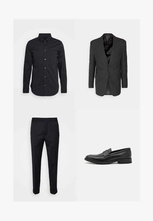 Filippa K CLASSIC - Jakkesæt blazere - black; Sort langærmet skjorte med knaplukning lavet af glat stof, med klassisk krave, langærmede ærmer og et lille logo på brystet.; Sorte bukser lavet af letvægtsstof, med elastisk talje, sidelommer og oprevne kant. Glat tekstur med frontvendinger.; Sort læderloafer med en glat finish, en dekorativ rem over vristen, rund tå og en lav stablet hæl.