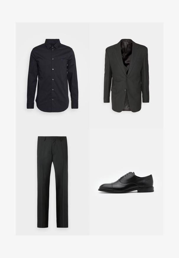Filippa K CLASSIC - Sako - black; Čierna košeľa s dlhým rukávom a gombíkmi vyrobená z hladkej tkaniny, s klasickým golierom, plnými rukávmi a malým logom na hrudi.; Čierne šité nohavice na mieru s pútkami na opasok a prednou záhybom, vystavené na svetlosivom pozadí.; Čierne kožené šaty s guľatou špičkou, šnurovací dizajn a jemné švy. Obsahuje nízky podpätok a hladkú textúru.
