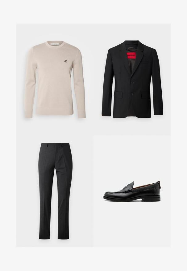 Blazer negro con dos botones, solapa de pico y bolsillos de solapa. Forrado con una etiqueta roja que dice "HUGO". Tejido suave con un ajuste a medida.; Suéter de punto color beige hecho de una mezcla de algodón, con cuello redondo y puños acanalados. Sutil logotipo 'CK' bordado en el pecho.; Pantalones oscuros grises a medida con una textura suave, corte ajustado, frente plano y cinturilla estándar. Presentan pliegues marcados y sin patrones visibles.; Mocasín de hombre de piel negra con costura moc toe, tira penny, cuello texturizado y tacón bajo apilado sobre fondo blanco.