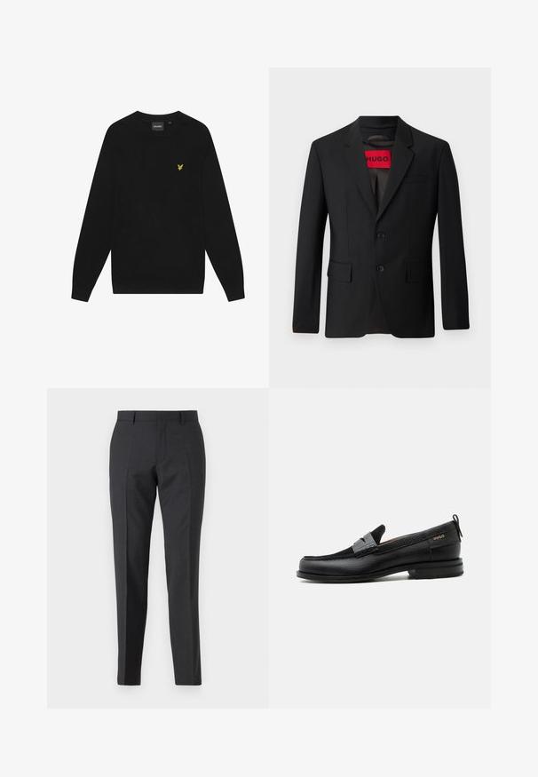 Čierny blazer s dvomi gombíkmi, vypuklými klopami a vreckami s chlopňami. Podšitý červenou nálepkou s nápisom "HUGO". Hladká tkanina s prispôsobeným strihom.; Čierna bavlnená mikina s dlhými rukávmi a okrúhlym výstrihom. Obsahuje malú žltú orlovú nášivku na hrudi. Mäkká textúra.; Tmavošedé nohavice so strihom na priamku, s bočnými vreckami a jemnou textúrou. Zapínanie zahŕňa zips a pútka na opasok.; Čierny kožený mokasín so sivým remienkom, nízkym podpätkom a textúrovanou podrážkou, so značkou "HUGO" v zlatej farbe na boku.