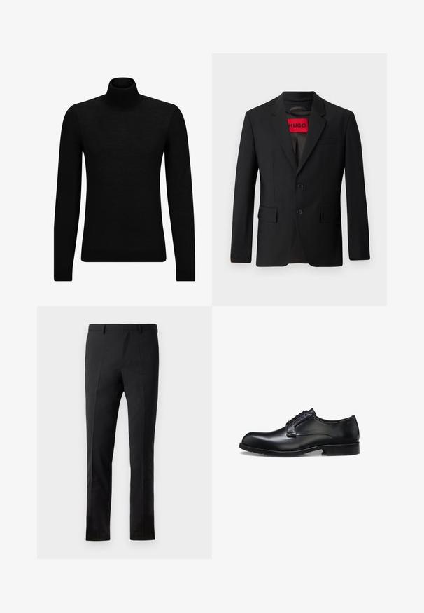 Sort blazer med to knapper, notch lapeller og klaplommer. Foret med en rød etiket med teksten "HUGO." Glat stof med en skræddersyet pasform.; Sort turtleneck sweater lavet af blødt materiale, med lange ærmer og en tætsiddende pasform. Ribbet trim ved kanten og manchetter. Simpelt design.; Sorte bukser med en skræddersyet pasform, der har en flad front, to pressefolder, bæltestropper og en glat overflade. Ingen synlige mønstre eller beslag.; Sort poleret læder herresko med lukket snøresystem, lav hæl og diskret mærkedetalje nær hælen på hvid baggrund.