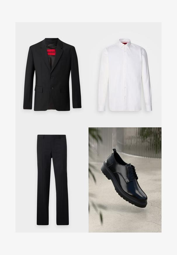 Blazer negro con dos botones, solapa de pico y bolsillos de solapa. Forrado con una etiqueta roja que dice "HUGO". Tejido suave con un ajuste a medida.; Camisa blanca de manga larga hecha de algodón, con un collar clásico, placket frontal con botones y una textura suave. Detalle interior del collar en rojo.; Pantalones negros ajustados con un diseño de pierna recta, pliegues marcados y un acabado suave. Fabricados en tejido ligero con una cintura limpia.; Zapato de cuero negro con un acabado brillante, puntera redonda, diseño de cordones, costuras de contraste y una suela de goma gruesa con patrones de tracción.