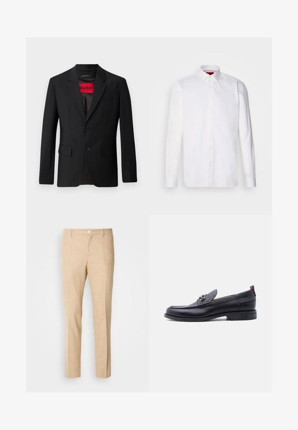 Schwarzer Blazer mit zwei Knöpfen, Reverskragen und Klapptaschen. Gefüttert mit einem roten Etikett mit der Aufschrift "HUGO". Glatte Stoffqualität mit taillierter Passform.; Weißes langärmliges Hemd aus Baumwolle mit klassischem Kragen, Knopfleiste vorne und glatter Textur. Rote Details im inneren Kragen.; Beige maßgeschneiderte Hosen aus strukturierter Stoff, mit geradem Bein-Design, vorderen Falten und einem einzigen Knopfverschluss an der Taille.; Schwarzer Lederloafer mit grauem, strukturiertem Vorderblatt, silberner Metallschnalle, niedrigem Absatz und Zuglasche hinten.
