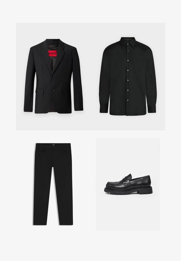Schwarzer Blazer mit zwei Knöpfen, Reverskragen und Klapptaschen. Gefüttert mit einem roten Etikett mit der Aufschrift "HUGO". Glatte Stoffqualität mit taillierter Passform.; Schwarzes Langarm-Hemd mit Knopfleiste, spitzem Kragen und geknöpften Manschetten, vor einem einfarbigen hellen Hintergrund gezeigt.; Schwarze Denim-Hosen mit geradem Schnitt, ausgestattet mit einem Standardbund, fünf Taschen und einem Knopfverschluss. Angenehme, glatte Textur.; Schwarzer Lederloafer mit dicker, profilierter Sohle und Pennyriemen-Detail, von der rechten Seitenansicht auf weißem Hintergrund gezeigt.