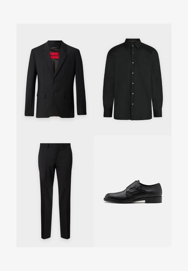 Blazer negro con dos botones, solapa de pico y bolsillos de solapa. Forrado con una etiqueta roja que dice "HUGO". Tejido suave con un ajuste a medida.; Camisa negra de manga larga con botones, cuello puntiagudo y puños abotonados, mostrada sobre un fondo claro y liso.; Pantalones negros de corte ajustado, hechos de una tela suave, con pernera recta, detalles de pinzas refinadas y una cinturilla clásica con ojales para cinturón.; Zapato de vestir de cuero negro con doble hebilla, silueta elegante y punta redonda. Cuenta con un tacón bajo y una textura suave.