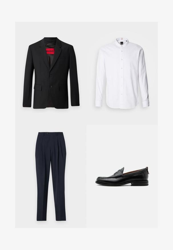 Blazer negro con dos botones, solapa de pico y bolsillos de solapa. Forrado con una etiqueta roja que dice "HUGO". Tejido suave con un ajuste a medida.; Camisa blanca de manga larga con cuello de banda, cierre de botones en el frente y dobladillo redondeado. Hecha de algodón, presenta una textura suave y un brillo sutil.; Pantalones de marine con cintura alta, frente plisado y cierre de botón único. La tela parece suave con un ajuste entallado y un diseño de pierna recta.; Mocasín de hombre de piel negra con costura moc toe, tira penny, cuello texturizado y tacón bajo apilado sobre fondo blanco.