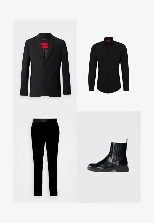 Schwarzer Blazer mit zwei Knöpfen, Reverskragen und Klapptaschen. Gefüttert mit einem roten Etikett mit der Aufschrift "HUGO". Glatte Stoffqualität mit taillierter Passform.; Schwarzes Langarmhemd mit Knopfleiste, klassischem Kragen und abgerundetem Saum; verfügt über schwarze Knöpfe und ein rotes Logo im Kragen.; Schwarze Samthosen mit tailliertem Schnitt, glatter Textur und passendem Bund. Verfügt über gerade Beine und Seitentaschen.; Schwarze Lederstiefelette mit elastischen Seiteneinsätzen, runder Zehenpartie, niedrigem Blockabsatz und Zuglasche. Verfügt über eine glänzende Textur und ein elegantes Design.