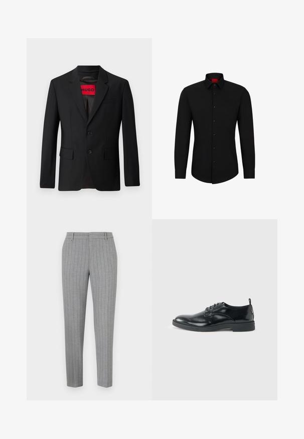 Schwarzer Blazer mit zwei Knöpfen, Reverskragen und Klapptaschen. Gefüttert mit einem roten Etikett mit der Aufschrift "HUGO". Glatte Stoffqualität mit taillierter Passform.; Schwarzes Langarmhemd mit Knopfleiste, klassischem Kragen und abgerundetem Saum; verfügt über schwarze Knöpfe und ein rotes Logo im Kragen.; Graue Nadelstreifenhose mit tailliertem Schnitt, flacher Front und Seitentaschen. Hergestellt aus einem glatten Stoff mit einem dezenten Glanz.; Glänzender schwarzer Lederschuh mit niedrigem Absatz, Schnürverschluss und runder Kappe, seitlich auf hellem, schlichten Hintergrund gezeigt.