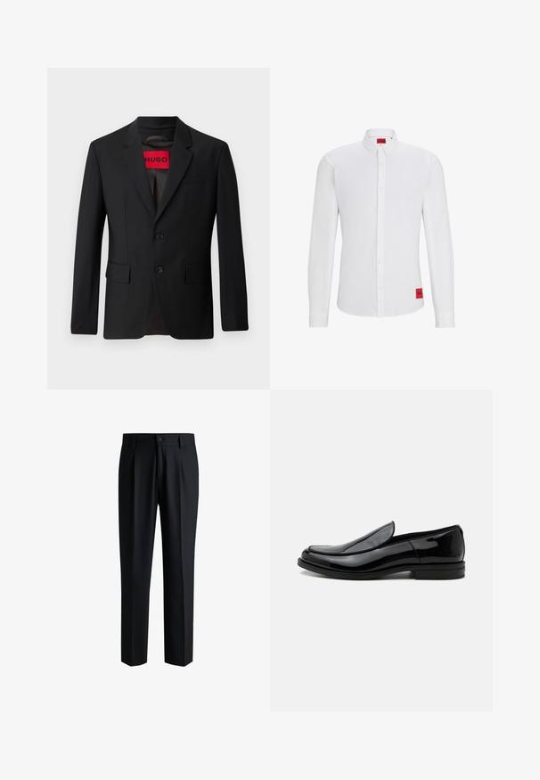 Blazer noir avec deux boutons, revers crantés et poches à rabat. Doublé avec une étiquette rouge portant l'inscription "HUGO". Tissu lisse avec une coupe ajustée.; Chemise blanche à manches longues avec un col boutonné, arborant une étiquette de marque rouge sur le côté, et une texture lisse et uniforme.; Pantalons noirs en tissu lisse, avec une coupe droite, des plis à l'avant et une fermeture à bouton avec passants de ceinture.; Chaussure de ville noire en cuir brillant à enfiler, avec talon bas et bout arrondi, vue de côté sur fond blanc uni.