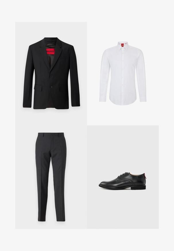 Čierny blazer s dvomi gombíkmi, vypuklými klopami a vreckami s chlopňami. Podšitý červenou nálepkou s nápisom "HUGO". Hladká tkanina s prispôsobeným strihom.; Biela košeľa s dlhým rukávom a golierom, s predným zapínaním na gombíky a jemnou, hladkou tkaninou. Bez vzorov alebo doplnkov.; Tmavošedé nohavice so strihom na priamku, s bočnými vreckami a jemnou textúrou. Zapínanie zahŕňa zips a pútka na opasok.; Čierna kožená pánska spoločenská obuv so šnurovaním vpredu a červeným ťahákom na päte na jednofarebnom pozadí.