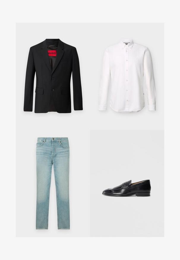 Zwarte blazer met twee knopen, notch revers en klepzakken. gevoerd met een rode label met "HUGO". Gladde stof met een getailleerde pasvorm.; Witte blouse met lange mouwen, knoopsluiting, knoopkraag en een klein geborduurd logo op de linkerborst.; Lichtblauwe denim jeans met een rechte pasvorm, met een vervaagde wassing, vijf-pocketontwerp en een knoopsluiting aan de voorkant.; Zwarte leren instapper met een gladde afwerking, spitse neus en subtiele stikseldetails. Heeft een platte hak en een gegraveerd logo aan de zijkant.