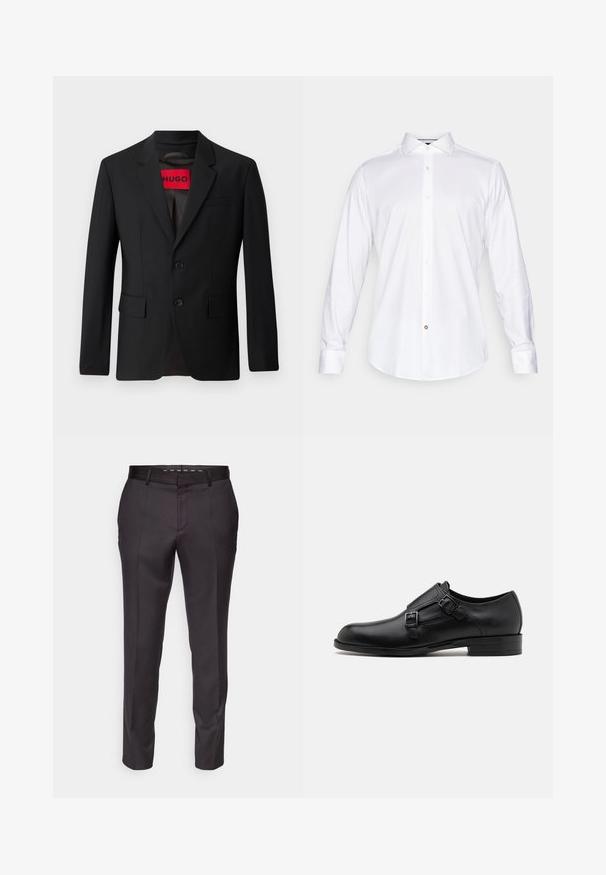Čierny blazer s dvomi gombíkmi, vypuklými klopami a vreckami s chlopňami. Podšitý červenou nálepkou s nápisom "HUGO". Hladká tkanina s prispôsobeným strihom.; Biela košeľa s dlhým rukávom vyrobená z hladkej tkaniny, so klasickým golierom, zapínaním na gombíky a zaobleným lemom so zvýraznením malým detailom gombíka.; Ušité čierne nohavice s hladkým povrchom, štruktúrovaným dizajnom a prednými záhybmi. Vybavené rovnou nohavicou a priliehavým pásom.; Čierne kožené spoločenské topánky s dvojitými prackami, elegantným siluetou a okrúhlou špičkou. Majú nízky opätok a hladký povrch.