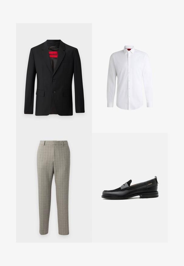 Čierny blazer s dvomi gombíkmi, vypuklými klopami a vreckami s chlopňami. Podšitý červenou nálepkou s nápisom "HUGO". Hladká tkanina s prispôsobeným strihom.; Biela košeľa na gombíky vyrobená z hladkej látky s klasickým golierom, dlhými rukávmi a zaobleným lemom. Má béžové gombíky na prednej strane.; Nohavice z jemného béžového materiálu s kockovaným vzorom v tmavohnedej a námorníckej modrej farbe, so rovným strihom a štandardným pásom.; Čierny kožený mokasín so sivým remienkom, nízkym podpätkom a textúrovanou podrážkou, so značkou "HUGO" v zlatej farbe na boku.