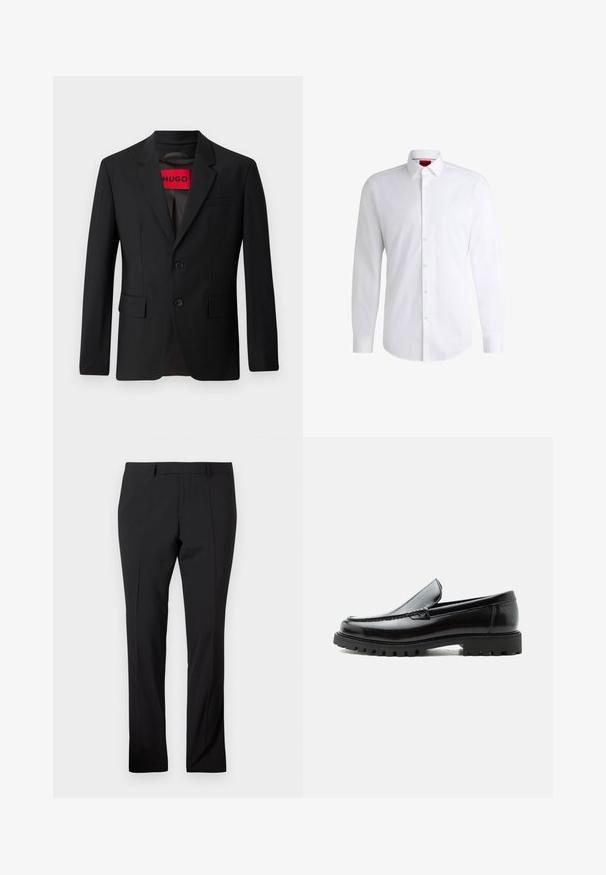 Schwarzer Blazer mit zwei Knöpfen, Reverskragen und Klapptaschen. Gefüttert mit einem roten Etikett mit der Aufschrift "HUGO". Glatte Stoffqualität mit taillierter Passform.; Weißes Herrenhemd aus glattem Stoff mit klassischem Kragen, langen Ärmeln und abgerundetem Saum. Mit eleganten beigen Knöpfen an der Vorderseite.; Schwarze maßgeschneiderte Hose mit Gürtelschlaufen, vorderer Bügelfalte und geradem Beinaufschnitt auf einem schlichten weißen Hintergrund.; Schwarzer Lederloafer mit grober Gummisohle, genähter Oberseite und geprägtem Markennamen an der Ferse, seitlich auf weißem Hintergrund gezeigt.