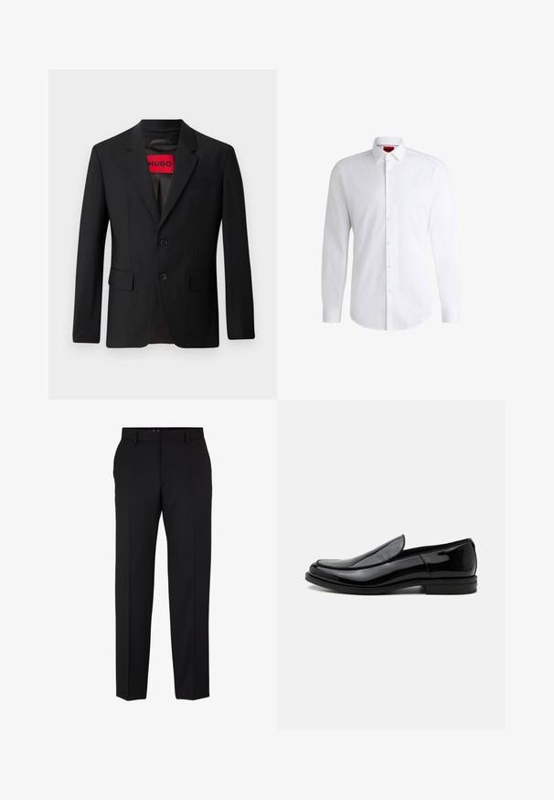 Sort blazer med to knapper, notch lapeller og klaplommer. Foret med en rød etiket med teksten "HUGO." Glat stof med en skræddersyet pasform.; Hvid skjorte med knapper lavet af glat stof med klassisk krave, lange ærmer og rundet kant. Har beige knapper foran.; Sorte dressbukser med skræddersyet pasform, lige ben, bæltestropper og uden synlige mønstre eller pynt. Klassisk design.; Sort blankt læder slip-on selskabssko med lav hæl og rundet tå set fra siden på hvid baggrund.