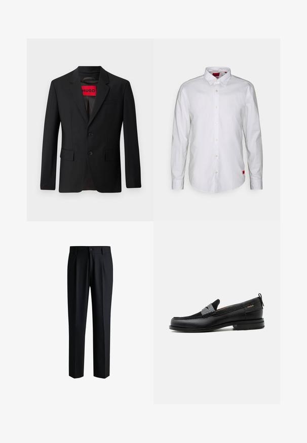 Blazer noir avec deux boutons, revers crantés et poches à rabat. Doublé avec une étiquette rouge portant l'inscription "HUGO". Tissu lisse avec une coupe ajustée.; Chemise blanche à manches longues avec un col boutonné, fabriquée en tissu léger. Présente une étiquette de marque discrète en rouge sur le bas.; Pantalons noirs en tissu lisse, avec une coupe droite, des plis à l'avant et une fermeture à bouton avec passants de ceinture.; Mocassin en cuir noir avec détail de bride grise, talon bas et semelle texturée, marqué "HUGO" en or sur le côté.