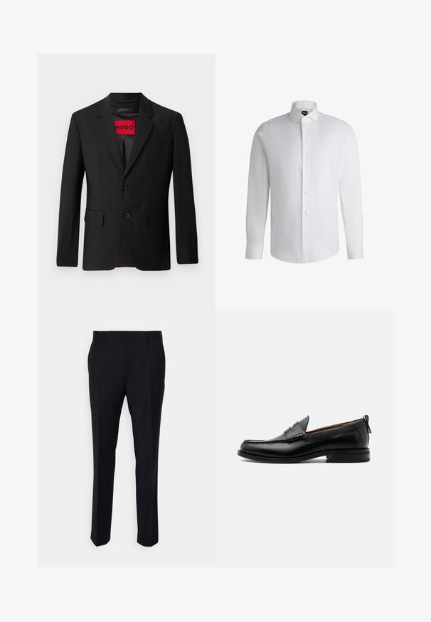 Blazer negro con dos botones, solapa de pico y bolsillos de solapa. Forrado con una etiqueta roja que dice "HUGO". Tejido suave con un ajuste a medida.; Camisa blanca de manga larga hecha de algodón suave, con un cuello clásico, botonera completa y puños abotonados. Diseño minimalista.; Pantalones negros confeccionados en tela tejida, con un corte ajustado, frente plano, bolsillos laterales y un diseño de pierna recta.; Mocasín de hombre de piel negra con costura moc toe, tira penny, cuello texturizado y tacón bajo apilado sobre fondo blanco.
