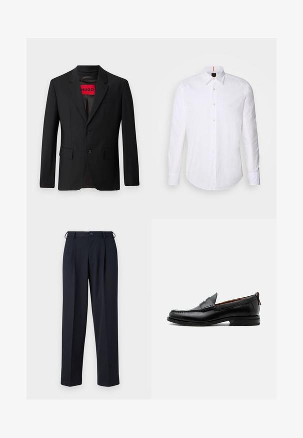 Schwarzer Blazer mit zwei Knöpfen, Reverskragen und Klapptaschen. Gefüttert mit einem roten Etikett mit der Aufschrift "HUGO". Glatte Stoffqualität mit taillierter Passform.; Weiße langärmlige Button-Down-Hemd aus Baumwolle, mit klassischem Kragen, subtiler Logo-Detailierung auf der Brust und weißen Knöpfen.; Marineblaue, maßgeschneiderte Hose mit Knopf- und Reißverschluss vorne, Gürtelschlaufen und Seitentaschen, gezeigt auf weißem Hintergrund.; Schwarzer Leder-Herrenschuh mit Mokassinnaht, Penny-Riemen, strukturiertem Kragen und niedrigem gestapeltem Absatz auf weißem Hintergrund.