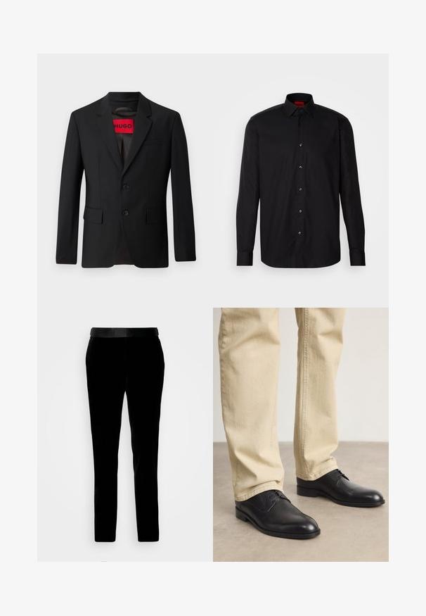 Čierny blazer s dvomi gombíkmi, vypuklými klopami a vreckami s chlopňami. Podšitý červenou nálepkou s nápisom "HUGO". Hladká tkanina s prispôsobeným strihom.; Čierna košeľa s dlhým rukávom vyrobená z hladkej tkaniny, s klasickým golierom, predným zapínaním na gombíky a prispôsobeným strihom.; Čierne zamatové nohavice s upraveným strihom, hladkou textúrou a zodpovedajúcim pásom. Obsahujú rovné nohy a bočné vrecká.; Čierne kožené šnurovacie topánky s okrúhlou špičkou, hladkým povrchom a jemnými detailmi prešitia, nosené so svetlo béžovými nohavicami.