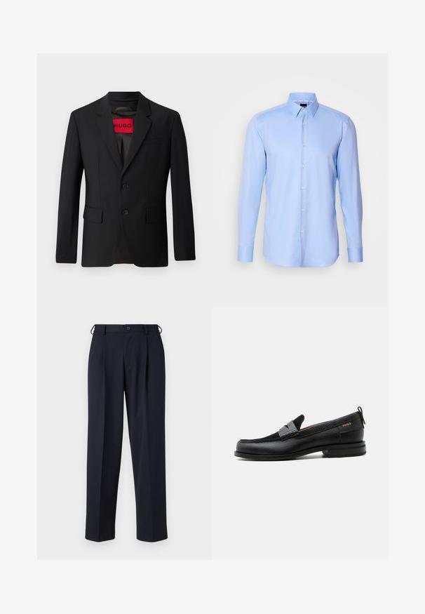 Zwarte blazer met twee knopen, notch revers en klepzakken. gevoerd met een rode label met "HUGO". Gladde stof met een getailleerde pasvorm.; Lichtblauwe langemouwen overhemden van gestructureerde stof met een puntkraag en klassieke knoopsluiting aan de voorkant.; Donkerblauwe op maat gemaakte broek met knoop- en ritsluiting aan de voorkant, riemlussen en zijzakken, getoond op een witte achtergrond.; Zwarte leren loafer met grijs riemdetailelement, lage hak en gestructureerde zool, aan de zijkant gebrandmerkt met "HUGO" in goud.
