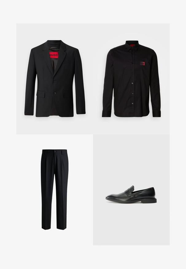 Sort blazer med to knapper, notch lapeller og klaplommer. Foret med en rød etiket med teksten "HUGO." Glat stof med en skræddersyet pasform.; Sort langærmet skjorte lavet af glat stof, med knaplukning, klassisk krave og en lille rød mærke-patch på brystet.; Sorte bukser lavet af glat stof, med lige ben-design, plisseringer foran og knaplukning med bæltestropper.; Sorte læder loafers med en glat tekstur, spids tå og lav rektangulær hæl. Har vandret remdetalje på overdelen.