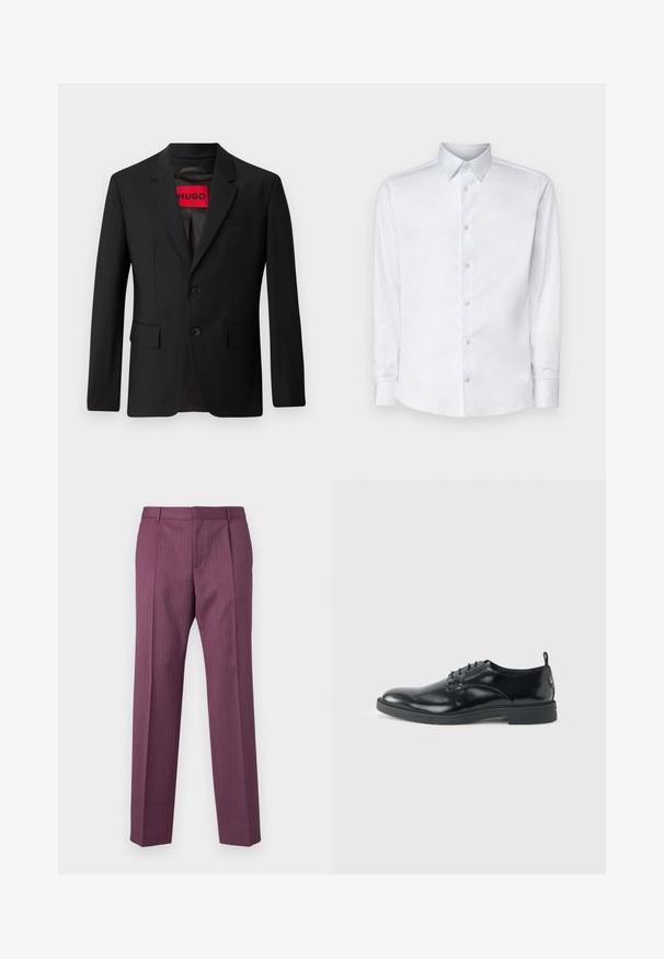 Schwarzer Blazer mit zwei Knöpfen, Reverskragen und Klapptaschen. Gefüttert mit einem roten Etikett mit der Aufschrift "HUGO". Glatte Stoffqualität mit taillierter Passform.; Weißes Langarmhemd aus glattem Stoff, mit klassischem Kragen, Knopfleiste und Manschetten mit Knöpfen, vor einem einfarbigen Hintergrund präsentiert.; Lila, gestreifte Hose mit geraden Beinen, taillierter Passform und Fronttaschen. Hergestellt aus leichtem Material, mit Gürtelschlaufen und Bügelfalte.; Glänzender schwarzer Lederschuh mit niedrigem Absatz, Schnürverschluss und runder Kappe, seitlich auf hellem, schlichten Hintergrund gezeigt.