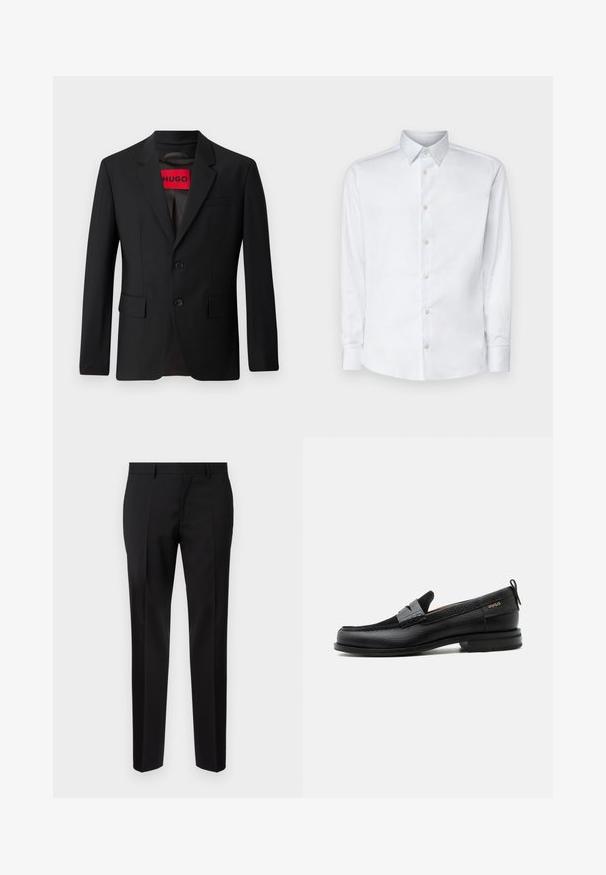 Sort blazer med to knapper, notch lapeller og klaplommer. Foret med en rød etiket med teksten "HUGO." Glat stof med en skræddersyet pasform.; Hvid langærmet skjorte lavet af glat stof, med en klassisk krave, knaplukning og manchetter med knapper, vist på en ensfarvet baggrund.; Sorte skræddersyede bukser lavet af glat stof, med lige ben, raffinerede folder og en klassisk talje med bæltestropper.; Sort læderloafer med grå remdetalje, lav hæl og tekstureret sål, mærket med "HUGO" i guld på siden.