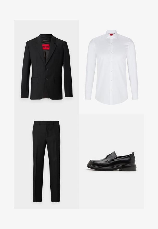 Sort blazer med to knapper, notch lapeller og klaplommer. Foret med en rød etiket med teksten "HUGO." Glat stof med en skræddersyet pasform.; Hvid langærmet skjorte med knaplukning lavet af glat bomuld. Har en klassisk krave, fuld knaplukning og afrundet nederkant.; Sorte skræddersyede bukser med en glat tekstur, der har et lige ben-design, frontfolder og en flad talje. Ingen synlige lommer.; Calvin Klein MOCCASIN - Business loafers - black
