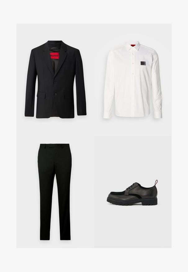 Blazer negro con dos botones, solapa de pico y bolsillos de solapa. Forrado con una etiqueta roja que dice "HUGO". Tejido suave con un ajuste a medida.; Camisa blanca de manga larga hecha de algodón, con cuello abotonado, tapeta frontal y un parche de logo negro en el pecho izquierdo.; Pantalones negros con corte recto, fabricados en un tejido texturizado, con presillas para cinturón y bolsillos laterales. Diseño simple y limpio.; Zapato negro de cuero con cordones, suela gruesa con dibujo y lengüeta roja en el talón, mostrado de perfil sobre un fondo gris claro.