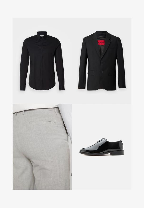 Sort blazer med to knapper, notch lapeller og klaplommer. Foret med en rød etiket med teksten "HUGO." Glat stof med en skræddersyet pasform.; Sort langærmet skjorte med spids krave, knaplukning fortil og buet kant. Fremstillet af glat stof uden synlige mønstre eller detaljer.; Lysegrå skræddersyede bukser lavet af tekstureret stof, med en enkelt baglomme og ren syning.; Sort blank læderpumps med lukket snøring, lav hæl og glat rundet tå, vist fra ydersiden på en ensfarvet baggrund.