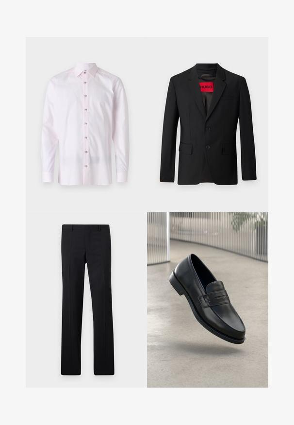 Blazer noir avec deux boutons, revers crantés et poches à rabat. Doublé avec une étiquette rouge portant l'inscription "HUGO". Tissu lisse avec une coupe ajustée.; Chemise à manches longues rose clair en tissu lisse. Dotée d'un col pointu et d'une fermeture à boutons à l'avant avec des boutons contrastés.; Pantalons noirs ajustés avec une coupe droite, des plis marqués et une finition lisse. Fabriqués en tissu léger avec une taille nette.; Mocassin en cuir noir à texture lisse, bout pointu et bande décorative sur le cou-de-pied. Semelle légère, design minimaliste.