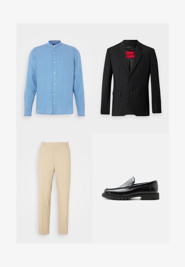 Blazer noir avec deux boutons, revers crantés et poches à rabat. Doublé avec une étiquette rouge portant l'inscription "HUGO". Tissu lisse avec une coupe ajustée.; Chemise à manches longues bleu clair avec un col chinois, fermeture à boutons sur le devant et petits boutons blancs ; fabriquée dans un tissu lisse et texturé.; Pantalons beige ajustés avec une coupe droite, fabriqués en tissu léger, dotés de deux poches avant et de plis bien repassés.; Mocassin en cuir noir avec semelle en caoutchouc épaisse, dessus cousu et nom de marque embossé sur le talon, présenté de profil sur fond blanc.