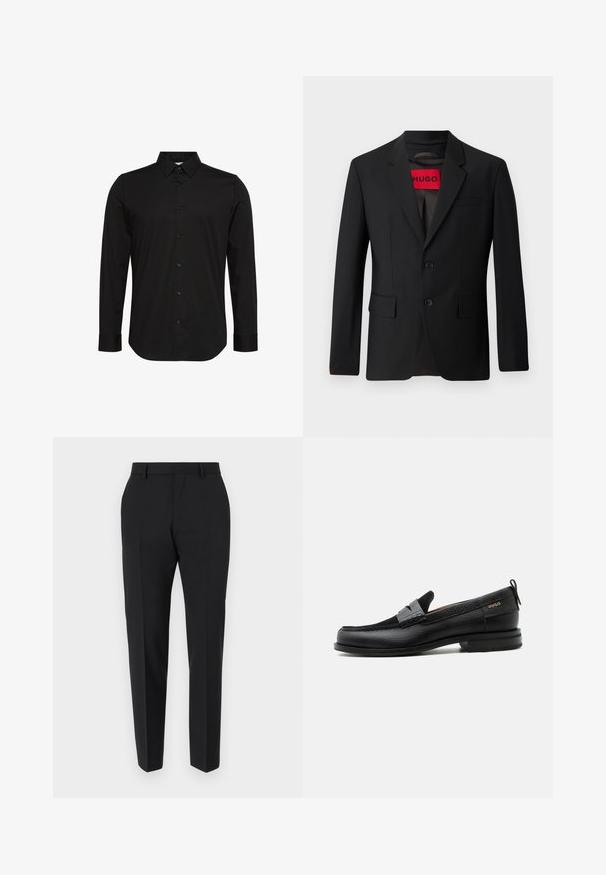 Schwarzer Blazer mit zwei Knöpfen, Reverskragen und Klapptaschen. Gefüttert mit einem roten Etikett mit der Aufschrift "HUGO". Glatte Stoffqualität mit taillierter Passform.; Schwarzes Langarmhemd aus glattem Stoff, mit spitzem Kragen, Knopfleiste vorne und kleinem Logo auf der Brust.; Schwarze Hose mit maßgeschneidertem Design, flacher Vorderseite, Faltendetails und schlanker Passform. Aus einem glatten Stoff für einen eleganten Look.; Schwarzer Lederloafer mit grauem Riemendetail, niedrigem Absatz und strukturierter Sohle, seitlich mit „HUGO“ in Gold gebrandmarkt.