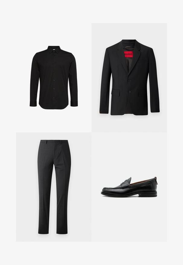 Schwarzer Blazer mit zwei Knöpfen, Reverskragen und Klapptaschen. Gefüttert mit einem roten Etikett mit der Aufschrift "HUGO". Glatte Stoffqualität mit taillierter Passform.; Schwarzes Langarmhemd aus glattem Stoff, mit spitzem Kragen, Knopfleiste vorne und kleinem Logo auf der Brust.; Maßgeschneiderte dunkelgraue Hose mit glatter Textur, schlankem Schnitt, flachem Frontdesign und normalem Bund. Verfügt über gepresste Falten und keine sichtbaren Muster.; Schwarzer Leder-Herrenschuh mit Mokassinnaht, Penny-Riemen, strukturiertem Kragen und niedrigem gestapeltem Absatz auf weißem Hintergrund.