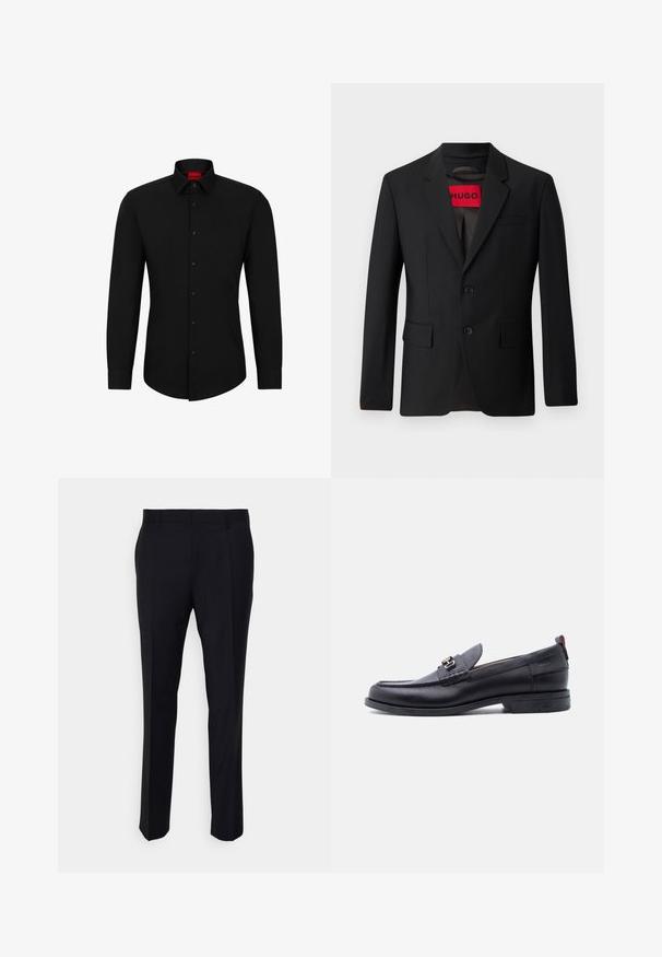 Čierny blazer s dvomi gombíkmi, vypuklými klopami a vreckami s chlopňami. Podšitý červenou nálepkou s nápisom "HUGO". Hladká tkanina s prispôsobeným strihom.; Čierna košeľa s dlhým rukávom a zapínaním na gombíky, klasickým golierom a zaobleným lemom; obsahuje čierne gombíky a červené logo vo vnútri goliera.; Čierne nohavice z tkaninového materiálu s priliehavým strihom, plochým predným dielom, bočnými vreckami a rovnými nohavicami.; Čierne kožené mokasíny so sivým štruktúrovaným priehlavkom, detailom so striebornou kovovou prackou, nízkym opätkom a pútkom vzadu.