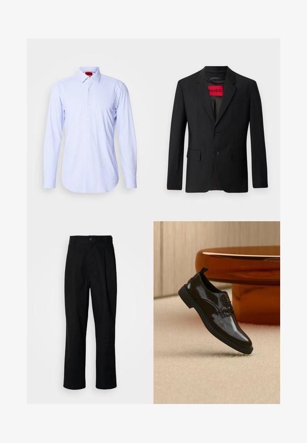 Schwarzer Blazer mit zwei Knöpfen, Reverskragen und Klapptaschen. Gefüttert mit einem roten Etikett mit der Aufschrift "HUGO". Glatte Stoffqualität mit taillierter Passform.; Hellblau gemustertes Button-Down-Hemd mit langen Ärmeln und klassischem Kragen. Verfügt über kleine Quadrate und weiße Knöpfe. Glatte Stofftextur.; Schwarze gerade geschnittene Hosen mit einem Knopfverschluss, Gürtelschlaufen und Vorderfalten, vor einem schlichten weißen Hintergrund präsentiert.; Schwarzer glänzender Lederschnürschuh, der über einem beigen Teppich mit einem glänzenden braunen runden Tisch im Hintergrund schwebt.