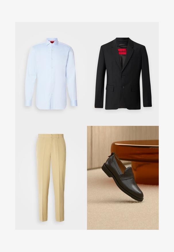 Schwarzer Blazer mit zwei Knöpfen, Reverskragen und Klapptaschen. Gefüttert mit einem roten Etikett mit der Aufschrift "HUGO". Glatte Stoffqualität mit taillierter Passform.; Helleblaue Langarmbluse mit Button-Down-Kragen, abgerundetem Saum und weißen Knöpfen. Glattes Material mit einem subtilen Glanz.; Beige maßgeschneiderte Hose mit geradem Schnitt, flachem Frontteil und seitlichen Taschen. Hergestellt aus einem glatten Stoff mit leichtem Glanz.; Schwarzer Lederloafer mit niedrigem Absatz, der über einem beigen Teppich schwebt, neben einem glänzenden bernsteinfarbenen Tisch in einem minimalistischen Raum.
