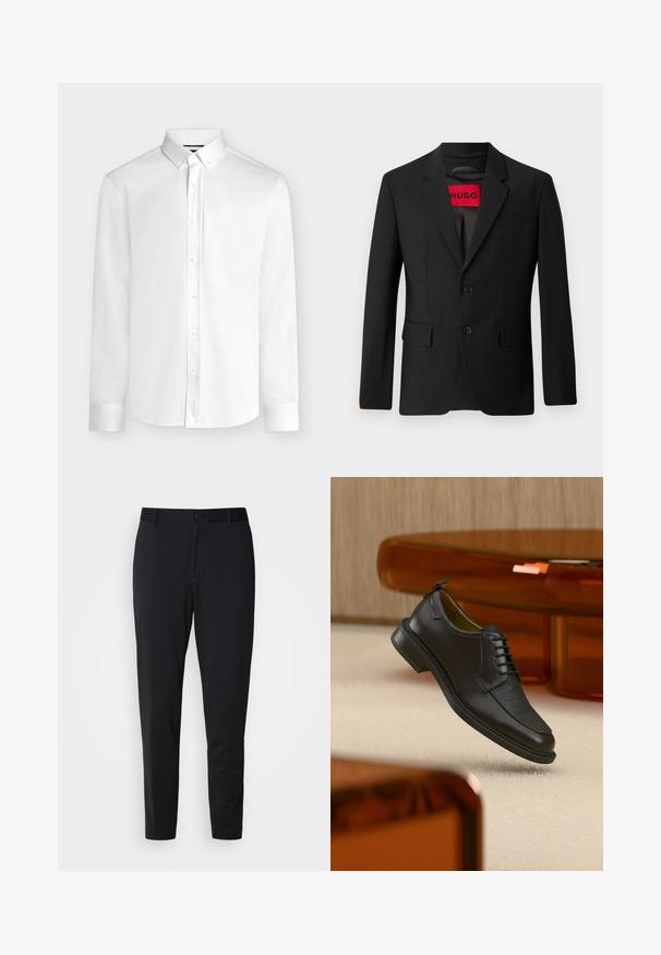 Sort blazer med to knapper, notch lapeller og klaplommer. Foret med en rød etiket med teksten "HUGO." Glat stof med en skræddersyet pasform.; Hvid langærmet skjorte med knapper, knaplukket krave og standard manchetter, vist på en ensartet lys grå baggrund.; Sorte bukser med struktureret stof, der har en lige pasform, standard talje med en knap og sidelommer.; Sort lædersko med snørebånd og tekstureret front, svævende over beige tæppe i et moderne rum med møbler i ravfarvet toning.