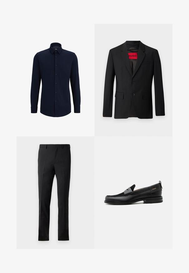 Zwarte blazer met twee knopen, notch revers en klepzakken. gevoerd met een rode label met "HUGO". Gladde stof met een getailleerde pasvorm.; Marineblauwe langemouwen overhemd met knopen, gemaakt van geweven stof, met een klassieke kraag, rechte snit en een voorste knoopsluiting.; Zwarte broeken met een getailleerde pasvorm, voorzien van een flat front, twee plooien, riemlussen en een gladde textuur. Geen zichtbare patronen of hardware.; Zwarte leren loafer met grijs riemdetailelement, lage hak en gestructureerde zool, aan de zijkant gebrandmerkt met "HUGO" in goud.