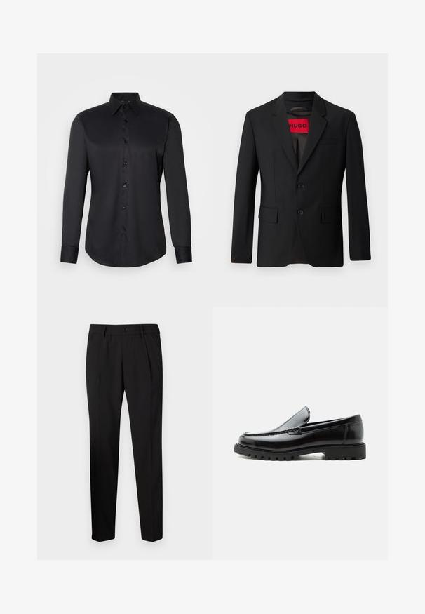 Blazer negro con dos botones, solapa de pico y bolsillos de solapa. Forrado con una etiqueta roja que dice "HUGO". Tejido suave con un ajuste a medida.; Camisa negra de manga larga con botones, hecha de una tela suave, que presenta un cuello clásico y un cierre de botones en el frente.; Pantalones negros a medida con corte recto, que cuentan con una cinturilla elástica, un cierre de un solo botón y dos pliegues frontales para un detalle adicional.; Mocasín de cuero negro con suela de goma gruesa, empeine cosido y nombre de la marca en relieve en el talón, mostrado en perfil lateral sobre fondo blanco.