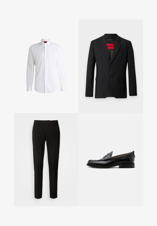 Blazer noir avec deux boutons, revers crantés et poches à rabat. Doublé avec une étiquette rouge portant l'inscription "HUGO". Tissu lisse avec une coupe ajustée.; Chemise blanche à manches longues en tissu lisse avec un col classique et un ourlet arrondi. Présente des boutons beiges à l'avant.; Pantalons noirs avec un design à jambes droites, dotés d'une fermeture à boutons, de passants de ceinture et d'une texture de tissu lisse. Pas de motifs ou d'accents visibles.; Mocassin homme en cuir noir avec couture moc toe, bride penny, col texturé et petit talon empilé sur fond blanc.