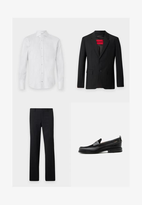 Blazer noir avec deux boutons, revers crantés et poches à rabat. Doublé avec une étiquette rouge portant l'inscription "HUGO". Tissu lisse avec une coupe ajustée.; Chemise blanche à manches longues et à boutons, fabriquée dans un tissu lisse ; elle présente un col classique, une fermeture à boutons et un ourlet arrondi.; Pantalons noirs ajustés avec une coupe droite, des plis marqués et une finition lisse. Fabriqués en tissu léger avec une taille nette.; Mocassin en cuir noir avec détail de bride grise, talon bas et semelle texturée, marqué "HUGO" en or sur le côté.