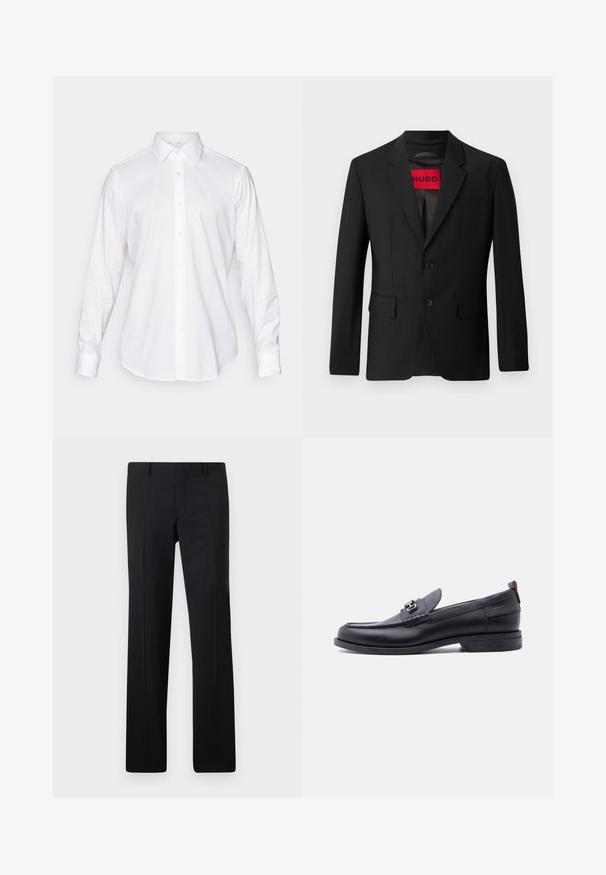 Blazer noir avec deux boutons, revers crantés et poches à rabat. Doublé avec une étiquette rouge portant l'inscription "HUGO". Tissu lisse avec une coupe ajustée.; Chemise blanche à manches longues et à col classique, en tissu lisse, avec une patte de boutonnage à l'avant comportant de légers boutons arrondis.; Pantalons noirs ajustés avec une coupe droite, des plis marqués et une finition lisse. Fabriqués en tissu léger avec une taille nette.; Mocassin en cuir noir avec empeigne texturée grise, détail boucle en métal argenté, petit talon et languette à l'arrière.