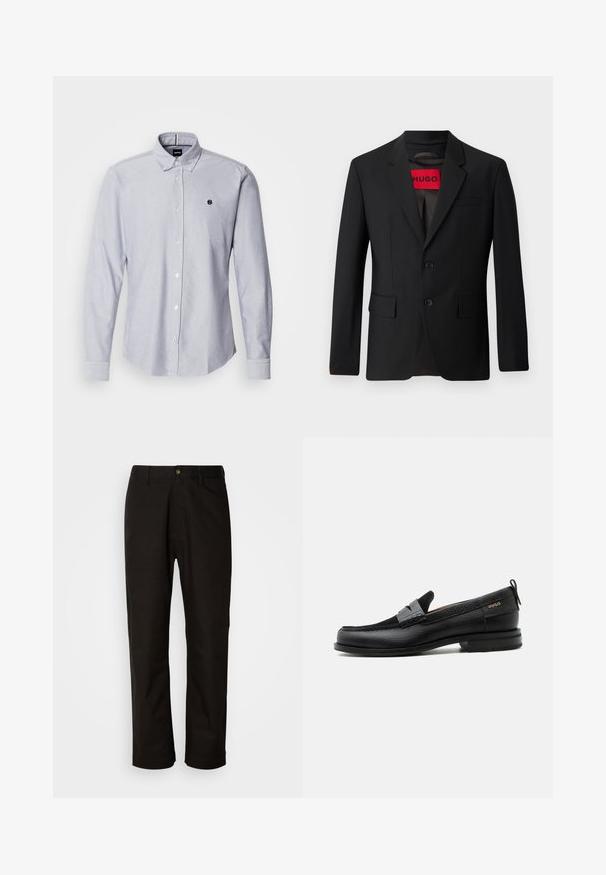 Zwarte blazer met twee knopen, notch revers en klepzakken. gevoerd met een rode label met "HUGO". Gladde stof met een getailleerde pasvorm.; Lichtblauw overhemd met lange mouwen, gemaakt van een gestructureerde stof. Voorzien van een klein logo op de linkerborst en standaard manchetten.; Zwarte katoenen broek met een rechte snit, riemlussen, een ritssluiting aan de voorkant en een enkele knoopsluiting. Soepele textuur zonder zichtbare patronen.; Zwarte leren loafer met grijs riemdetailelement, lage hak en gestructureerde zool, aan de zijkant gebrandmerkt met "HUGO" in goud.