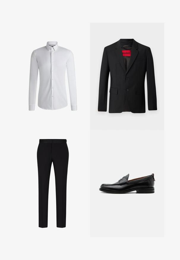 Blazer negro con dos botones, solapa de pico y bolsillos de solapa. Forrado con una etiqueta roja que dice "HUGO". Tejido suave con un ajuste a medida.; Camisa blanca de manga larga hecha de tejido suave, con un cuello abotonado y una fila de botones en la parte delantera. Diseño simple.; BOSS H GENIUS TUX 231 - Pantalón de traje - black; Mocasín de hombre de piel negra con costura moc toe, tira penny, cuello texturizado y tacón bajo apilado sobre fondo blanco.