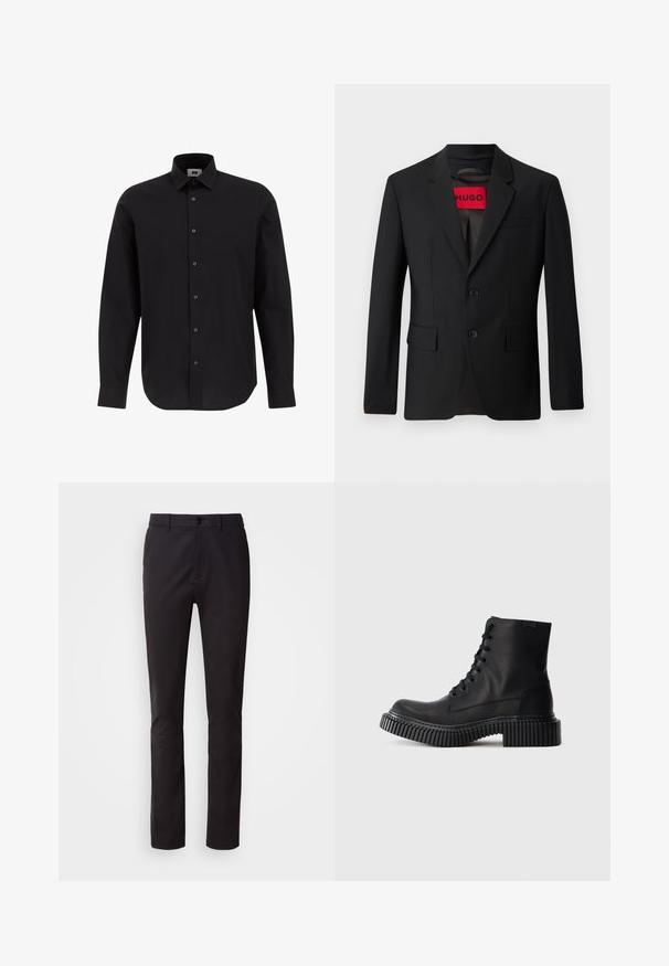 Schwarzer Blazer mit zwei Knöpfen, Reverskragen und Klapptaschen. Gefüttert mit einem roten Etikett mit der Aufschrift "HUGO". Glatte Stoffqualität mit taillierter Passform.; Schwarze Langarm-Hemdbluse aus gewebtem Stoff, ausgestattet mit einem klassischen Kragen, geradem Saum und schwarzen Knöpfen an der Vorderseite.; Schwarze Hose aus glattem Stoff, mit Knopfverschluss, normale Taille und geradem Bein. Keine sichtbaren Muster oder Verzierungen.; Schwarze Leder-Ankle-Boots mit runder Zehenform, Schnürdesign und dicker gerippter Sohle. Glatte Textur mit minimaler Naht und ohne sichtbare Akzente.
