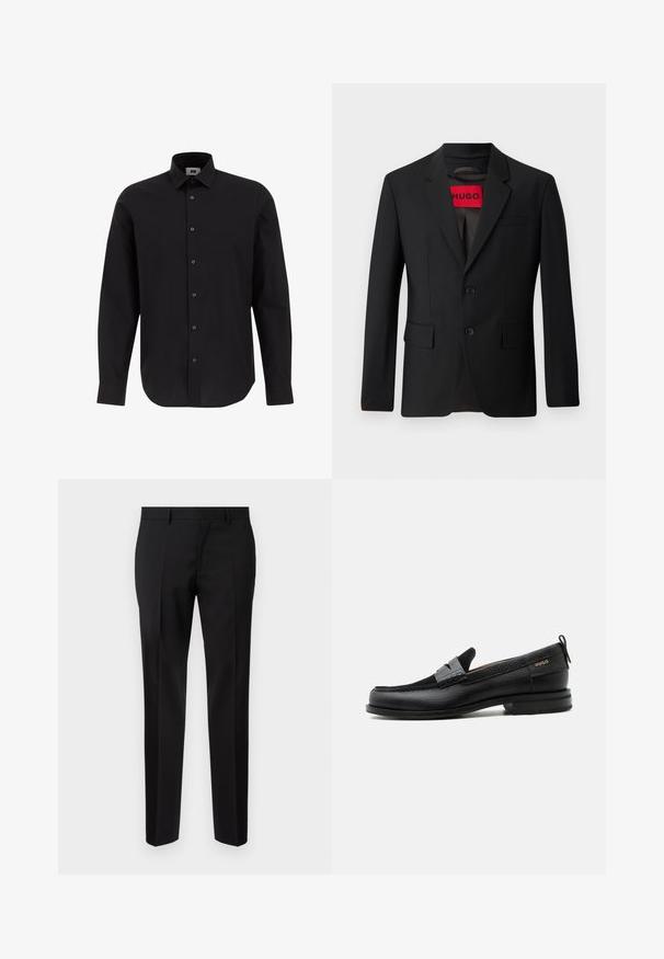 Blazer noir avec deux boutons, revers crantés et poches à rabat. Doublé avec une étiquette rouge portant l'inscription "HUGO". Tissu lisse avec une coupe ajustée.; Chemise noire à manches longues, à boutons, en tissu tissé, avec un col classique, un ourlet droit et des boutons noirs sur le devant.; Pantalons noirs ajustés en tissu lisse, présentant une jambe droite, des détails de pli raffinés et une taille classique avec passants de ceinture.; Mocassin en cuir noir avec détail de bride grise, talon bas et semelle texturée, marqué "HUGO" en or sur le côté.
